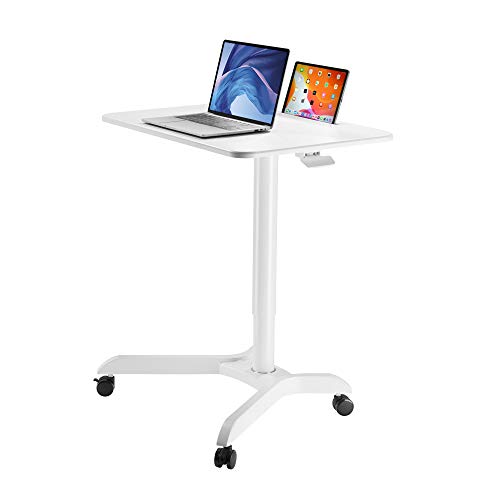 AVLT 44" Pneumatic Laptop Standing Desk Cart (3 ft 8 in) - Mobile Rolling Desk - Computer Projector Cart - Rolling Height Adjustable Folding Desk - Mobile White Cart with Brake Casters