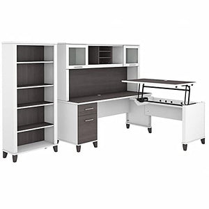 Bush Furniture UrbanPro Sit to Stand L Desk Set with Bookcase in White/Gray - Engineered Wood