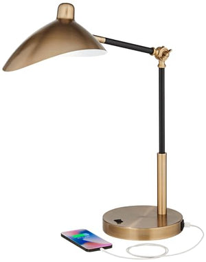 360 Lighting Mid Century Modern Desk Lamps Set of 2 - Black Gold Metal Shade - USB Port - Adjustable LED - 28" Tall