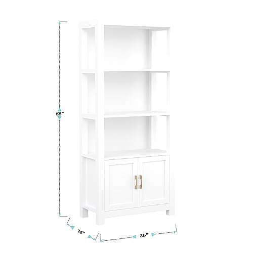 Martha Stewart Four Tier Shaker Bookcase with Storage Cabinet in White - Polished Brass Hardware