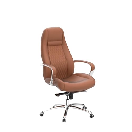 FURIJING Genuine Leather High Back Office Chair with Aluminum Swivel Base - Brown