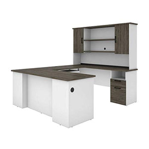 Bestar Norma U or L-Shaped Executive Desk with Hutch, 71W, Walnut Grey & White
