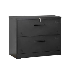 CuisinSmart Steel 2 Drawer Lateral File Cabinet with Lock, Rolling Metal File Cabinets - Black