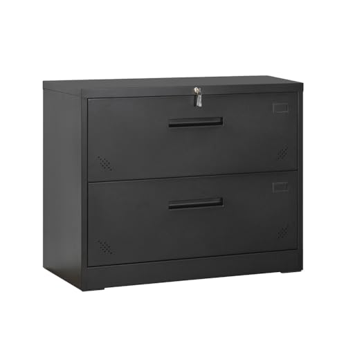 CuisinSmart Steel 2 Drawer Lateral File Cabinet with Lock, Rolling Metal File Cabinets - Black