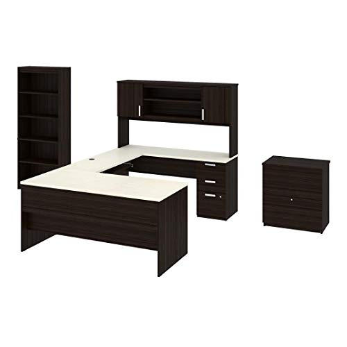 Bestar, Ridgeley Collection, 3-Piece Set Including a U or L-Shaped Desk with Hutch, a Lateral File Cabinet, and a Bookcase