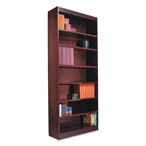 Alera Square Corner Bookcase, Finished Back, Wood Veneer, 6-Shelf, 36 W by 12 D by 72 H, Mahogany