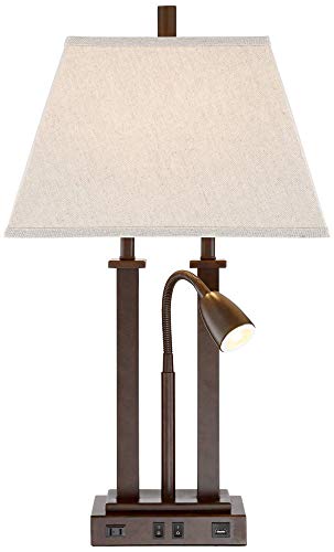 Possini Euro Design Deacon 26" High Industrial Modern Desk Lamps Set of 2 - Brown Bronze Finish Metal Oatmeal Shade - USB Port AC Power Outlet - Gooseneck - Home Office Living Room Charging
