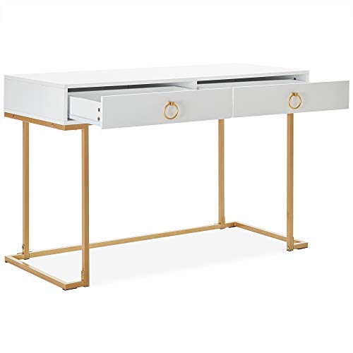 BELLEZE Two-Drawer Home Office Computer Desk Vanity Table, Wood and Metal, White & Gold