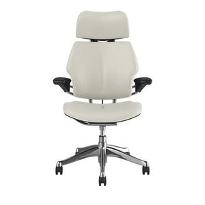 Humanscale Freedom Office Chair with Headrest - Ergonomic Work Chair with Height Adjustable Duron Arms - Polished Aluminum Frame - Glacier Ticino Leather