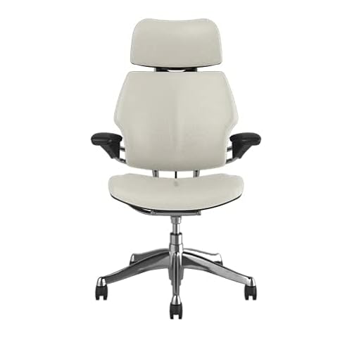 Humanscale Freedom Office Chair with Headrest - Ergonomic Work Chair with Height Adjustable Duron Arms - Polished Aluminum Frame - Glacier Ticino Leather