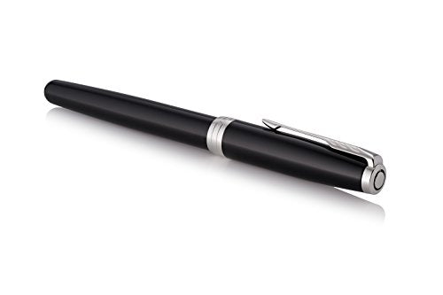 PARKER Sonnet Fountain Pen, Black Lacquer with Palladium Trim, Solid 18k Gold Fine Nib
