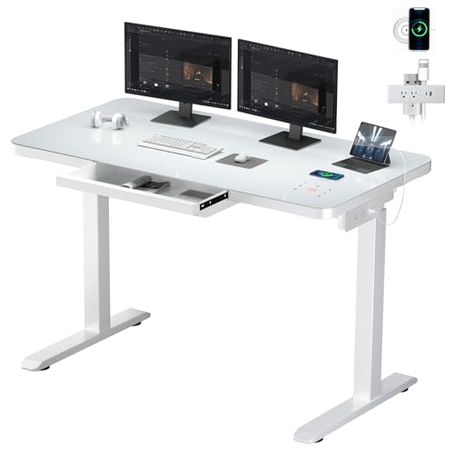 ADOFFUR Dual Motor Glass Standing Desk with Drawers, White Electric Stand Up Desk