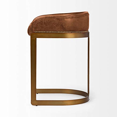 Unknown1 29" Brown Leather Seat Gold Metal Stool with Antique Finish