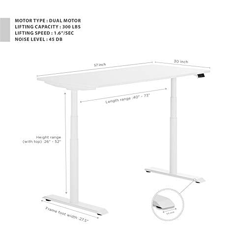 StudiONE 57 Inch Dual Motor Electric Height Adjustable Standing Desk, 2 USB Chargers, Smart APP Memory Controller, Sit Stand Home Office Table, 57X27.5, White