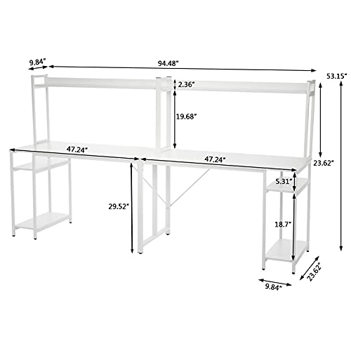 Double Computer Desk with Hutch, Extra Long Two Person Home Office Writing Desk with Storage Shelves, Workstation Office Desk Table Study Writing Desk w/CPU Stand (White)