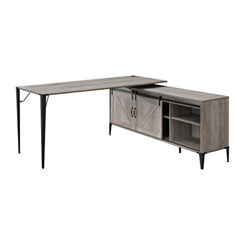 Knocbel Industrial L-Shaped Computer Desk with Sliding Barn Door Storage Cabinet, Home Office Workstation Writing Desk with Metal Legs, 65" L x 65" W x 31" H (Gray Oak and Black)