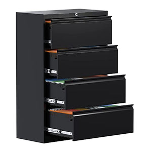 GangMei Metal 4 Drawer Lateral File Cabinet with Lock, Legal Size Steel Filing Cabinet (Black)