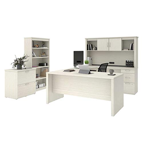 Bestar Logan U-Shaped Desk with Hutch, Lateral File Cabinet, Bookcase - 66W, White Chocolate