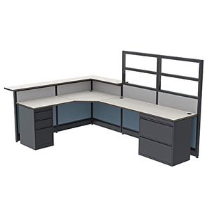 SKUTCHI DESIGNS INC. L-Shaped Reception Station with Glass Panel and Transaction Top | Reception Desk with Storage | Emerald Cubicle Collection | 6x9x65 H | Sea Salt