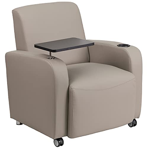 BizChair Gray LeatherSoft Tablet Arm Chair with Front Wheel Casters and Cup Holder