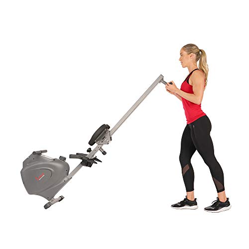 Sunny Health & Fitness Compact Folding Magnetic Rowing Machine with LCD Monitor, Bottle Holder, 43 Inch Slide Rail, 285 LB Max Weight - Synergy Power Motion - SF-RW5801, Silver