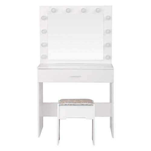 Onefa Makeup Vanity Table with Lighted Mirror, Cushioned Stool, Dressing Table, Vanity Makeup Table Set for Girl and Women, Vanity Dressing Table Set with Big Drawer