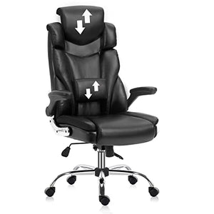YAMASORO High Back Ergonomic Executive Office Chair - Black Leather with Wheels, Flip-up Arms, Adjustable Headrest, Tilt, and Lumbar Support