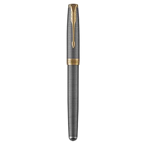 PARKER Sonnet Fountain Pen, Prestige Chiseled Silver with Gold Trim, Solid 18k Gold Fine Nib