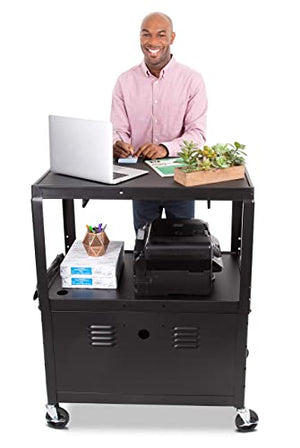 Stand Steady Line Leader Extra Wide AV Cart with Locking Cabinet, Rolling Computer Desk, Height Adjustable Utility Cart