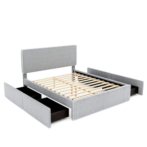 Upholstered Platform Bed with 4 Drawers & Golden Edge, Full Size - Bedroom Furniture