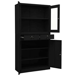 BIGBARLEY Tall Free Standing Storage Cabinet with Drawers and Glass Doors, Black Steel 35.4"x15.7"x70.9