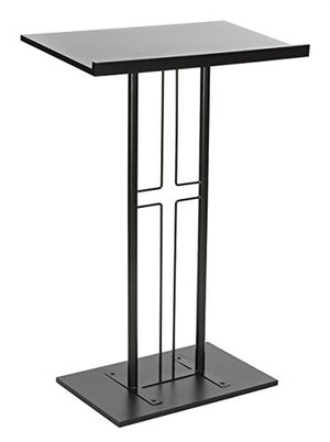 Displays2go Cross Podium, Floor Standing Pulpit, Slanted Top, Steel/Wood Base, Black