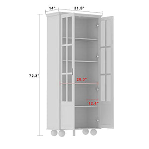 ECACAD 5-Tier Tall Bookcase Storage Cabinet with Acrylic Doors, White (31.5”L x 14”W x 72.3”H)