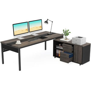 Tribesigns Executive Office Desk and Lateral File Cabinet Combo, L-Shaped Business Furniture, Grey & Black