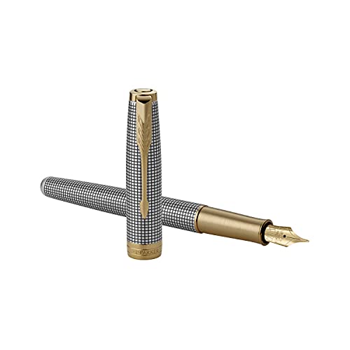 PARKER Sonnet Fountain Pen, Prestige Chiseled Silver with Gold Trim, Solid 18k Gold Fine Nib