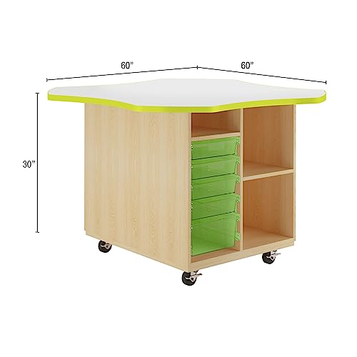 Diversified Woodcrafts Mobile Collaboration School Workstation, 60"x60"x30", Wave Design, Open Storage, Erasable Top, Lime Edge, Solid Oak