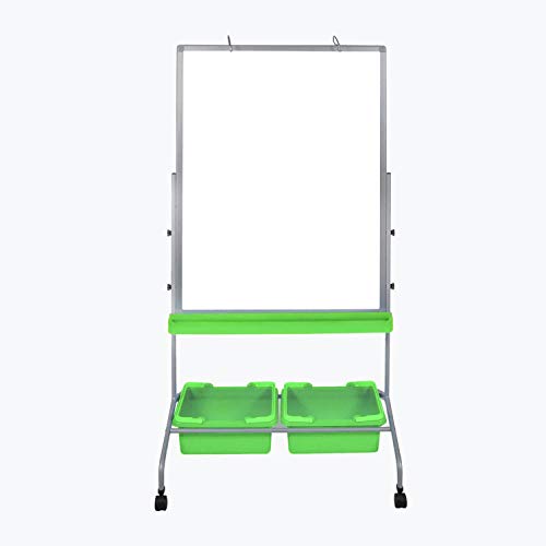 Offex Rolling School Classroom Double Sided Magnetic Whiteboard Chart Stand with 2 Storage Bins - Green