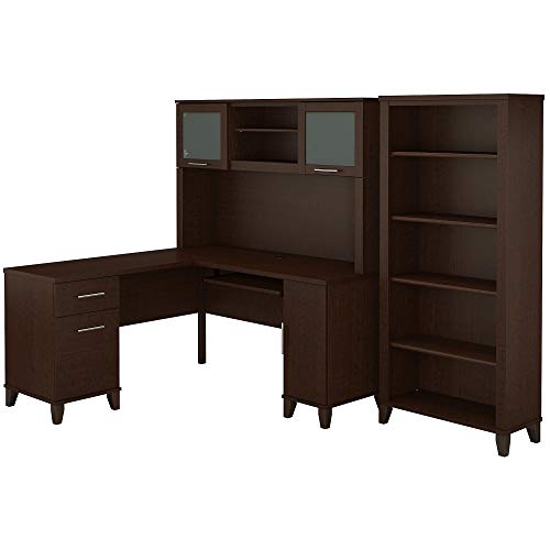 Bush Furniture Somerset 60W L Shaped Desk with Hutch and 5 Shelf Bookcase