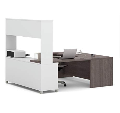 Bestar Pro-Linea U-Desk with Hutch, White/Bark Grey