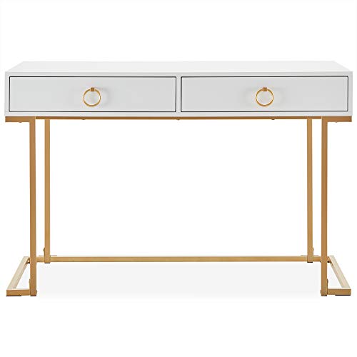 BELLEZE Two-Drawer Home Office Computer Desk Vanity Table, Wood and Metal, White & Gold