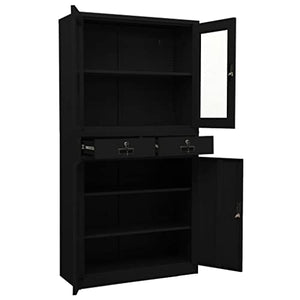 HLELU Steel Office Cabinet with Adjustable Shelves and Tempered Glass Doors