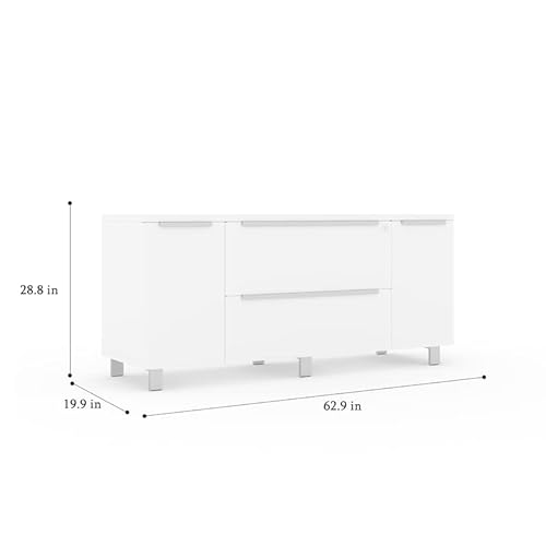 Unique Furniture Contemporary Credenza with File Drawers, Adjustable Shelves & Central-Locking System, White, 19.63 x 63 x 28.88 in.