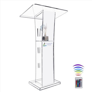 Wqzlyg Acrylic Podium with Custom Logo & Text, 43” Clear Pulpit with Storage Shelf - 15 Colors Adjustable