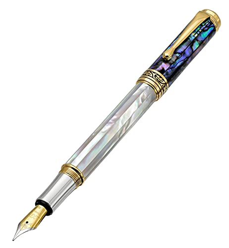 Xezo Maestro Fountain Pen, Medium Nib. Iridescent Oceanic Origin White Mother of Pearl and Paua Sea Shell. 18 Karat Gold and Pure Platinum Plating. No Two Alike