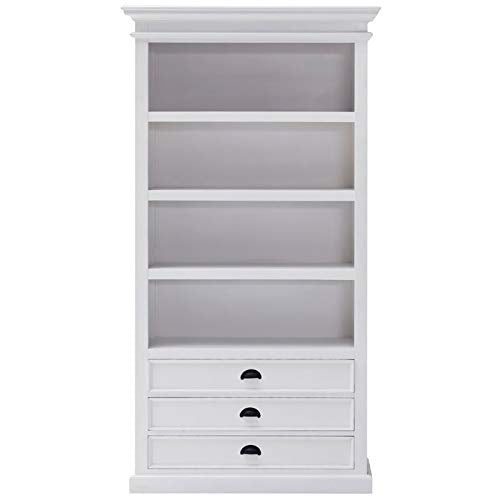 NovaSolo Halifax Pure White Mahogany Wood Bookcase With 4 Shelves And 3 Drawers