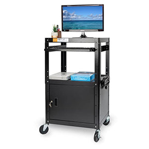 Metateel Large AV Cart with Extra Storage - Adjustable Height, Locking Cabinet, Power Strip - Holds 300 lbs - Easy Assembly (24'' x 18'' x 42'')