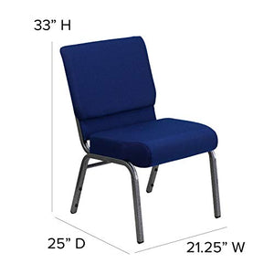 EMMA + OLIVER Stacking Church Chair 4 Pack 21" W Navy Blue Fabric - Silver Vein Frame