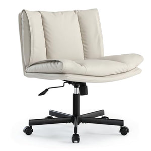 LEAGOO Armless Desk Chair with Wheels, PU-Leather, Swivel, Height Adjustable - Beige