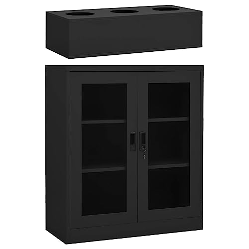HLELU Modern Steel Office Cabinet with Planter Box, Anthracite, 35.4" x 15.7" x 50.4
