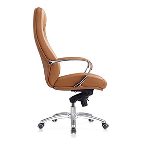 FURIJING Genuine Leather High Back Office Chair with Aluminum Swivel Base - Brown